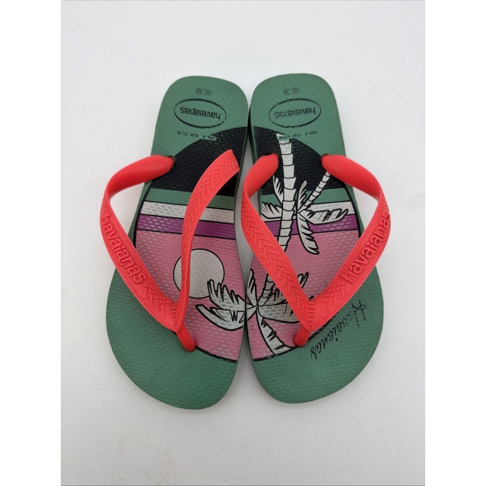 Havaianas Slim Tropical Flip Flops Mint Green Neon Orange Palm Tree Size 6